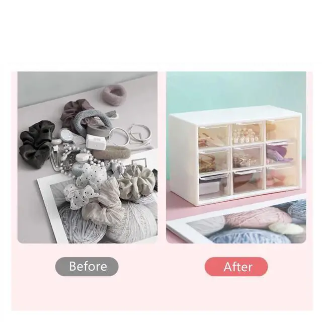 Alt view image 6 of 7 - 2PCS Small Drawer Organizer for Desk, Desktop Drawer Organizer with 9 Clear Drawers, Plastic Desktop Storage Drawers 7.1 Inch x 3 .9 Inch x 4.7 Inch, White