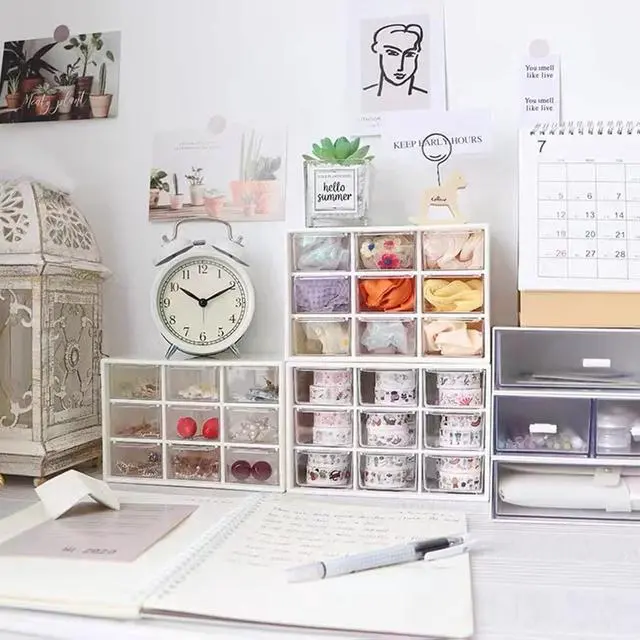 Alt view image 4 of 7 - 2PCS Small Drawer Organizer for Desk, Desktop Drawer Organizer with 9 Clear Drawers, Plastic Desktop Storage Drawers 7.1 Inch x 3 .9 Inch x 4.7 Inch, White