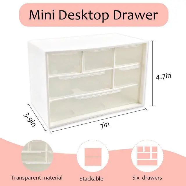 Alt view image 2 of 7 - Mini Desk Drawer Organizer with 6 Clear Drawers - 7" x 3.9" x 4.7" Small Plastic Storage Box for Office, Classroom, Crafts, and Home Desktop Organization