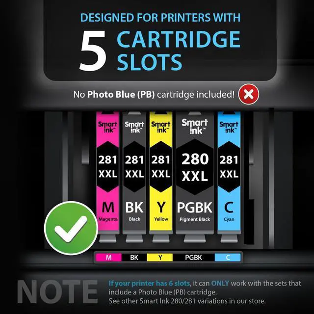 Alt view image 3 of 7 - Compatible Ink Cartridges Replacement for Canon 281 280 PGI-280XXL CLI-281XXL (5 Combo Pack) to use with Canon Printers Pixma TR8520 TS9120 TS6120 TR8620 TR8620a TS6320 TR7520 PGBK/BK/C/M/Y