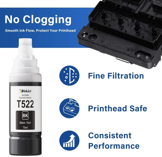 Alt view image 4 of 7 - T522 Ink Refill Bottles Replacement for 522 ET-2800 ET-4800 ET-2400 ET-2903 ET-2803 ET-2980 ET-4950 ET-15000 ET-2988 ET-2410 ET-4903 ET-2900 ET-2720 Eco Tank Printer (2BK C M Y)