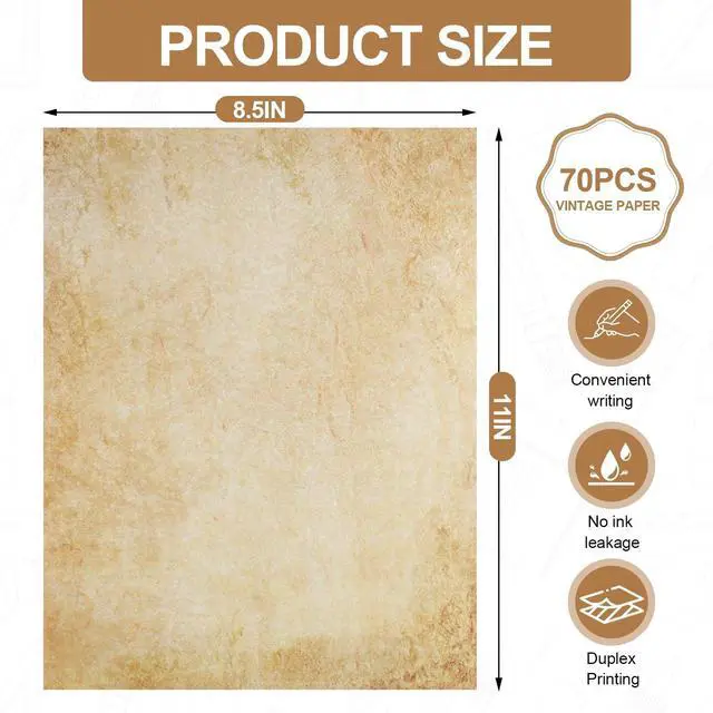 Alt view image 2 of 7 - 70PCS Vintage Paper 8.5 x 11 in Parchment paper for Writing Letter writing Paper, Decorative Printer Paper for Invitation, Letter, Resume, Award, Diploma, Art, Craft, Certificate Antique