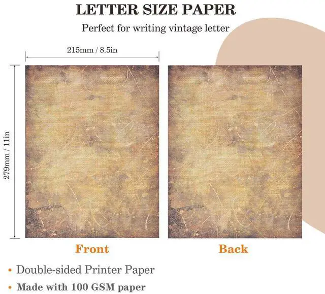 Alt view image 2 of 6 - Vintage Printer Paper,Stationery Paper 8.5 x 11,Antique Old Fashion Looking Classic Aged Look Designs Paper for Writing Letters Scroll Printing Typewriter Resume Map,50 Sheets Brown