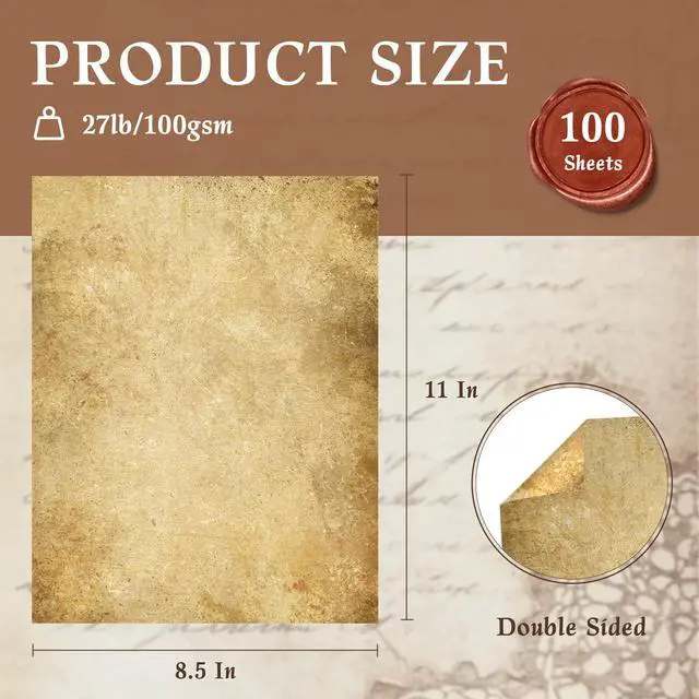 Alt view image 2 of 7 - 100 Sheets Vintage Paper, Parchment Paper for Printing, Aged Stationery for Letter Writing, Certificates, Scrapbook, Resumes, Crafts100 GSM