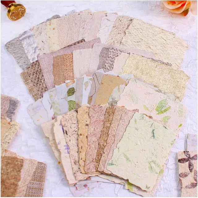 Main image of 84 Sheets Small Textured Scrapbook Paper and 3D Embossed Collage Paper, Handmade Leaf Fiber Deckled Edge Paper for Junk Journal Supplies, Mixed Media, Card Making, DIY Craft Art