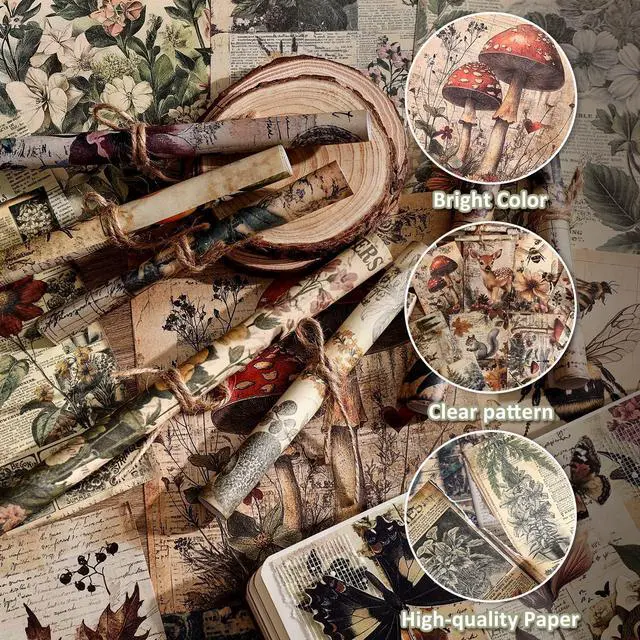 Alt view image 4 of 7 - 120 Sheets Vintage Botanical Scrapbook Paper Set, Journaling Scrapbooking Supplies Craft Decoupage Papers Kit, 4 Themes x 30 Mushroom Floral Antique Letter Design for Junk Journals Collage Card Making