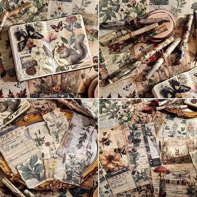 Alt view image 3 of 7 - 120 Sheets Vintage Botanical Scrapbook Paper Set, Journaling Scrapbooking Supplies Craft Decoupage Papers Kit, 4 Themes x 30 Mushroom Floral Antique Letter Design for Junk Journals Collage Card Making