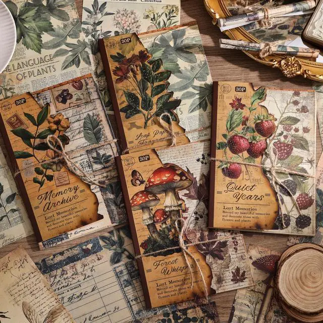 Alt view image 6 of 7 - 120 Sheets Vintage Botanical Scrapbook Paper Set, Journaling Scrapbooking Supplies Craft Decoupage Papers Kit, 4 Themes x 30 Mushroom Floral Antique Letter Design for Junk Journals Collage Card Making
