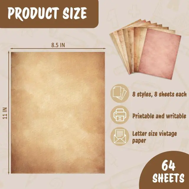 Alt view image 2 of 7 - 64 Sheets Vintage Paper, 8.5 X 11 Letter Size, Aged Antique Paper for Writing, Double-sided Decorative Printer Paper for Invites, Diploma, Art, Craft, Resume