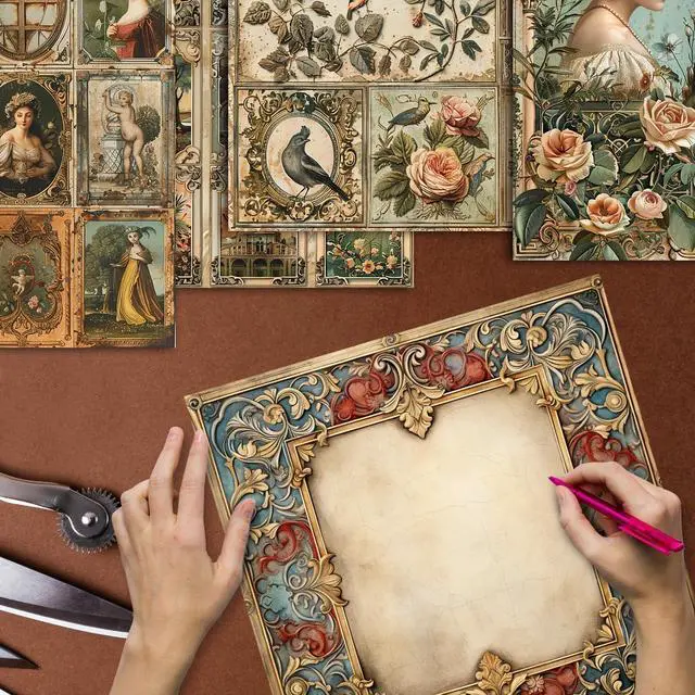 Alt view image 2 of 7 - 48 Sheets Vintage Baroque Scrapbook Paper,Vintage Pattern Decorative Scrapbook for Junk Journals DIY Cards and Photo Albums, Aesthetic Craft Supplies