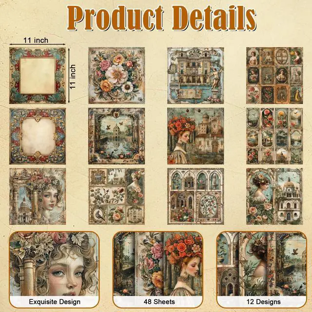 Alt view image 3 of 7 - 48 Sheets Vintage Baroque Scrapbook Paper,Vintage Pattern Decorative Scrapbook for Junk Journals DIY Cards and Photo Albums, Aesthetic Craft Supplies