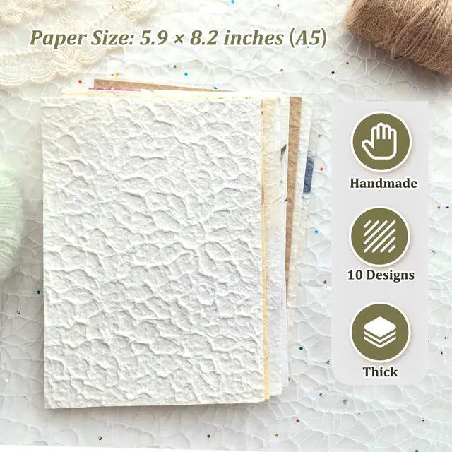 Alt view image 2 of 7 - 10 Desingns Handmade Textured Paper, 8.2"x5.9" Thick Mulberry Paper with Real Botanical, Multicolor Embossed Craft Sheets for Card Making, Scrapbooking, Junk journal, Invitations, Watercolor, Printing