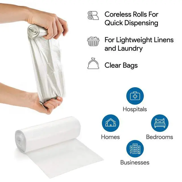 Alt view image 2 of 4 - 7-10 Gallon Clear Garbage Can Liners, 100 Count - Small - Medium Trash Can Liners - High Density, Thin, Lightweight, 8 Microns - for Office, Home, Hospital Wastebaskets - 2 Coreless Rolls