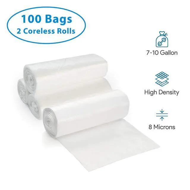 Alt view image 4 of 4 - 7-10 Gallon Clear Garbage Can Liners, 100 Count - Small - Medium Trash Can Liners - High Density, Thin, Lightweight, 8 Microns - for Office, Home, Hospital Wastebaskets - 2 Coreless Rolls
