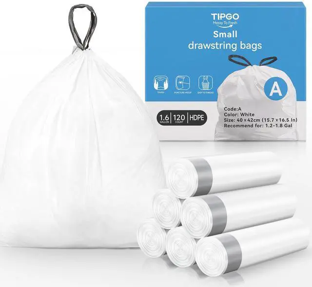 Main image of Small Trash Bags Drawstring 1.6 Gallon, Pre-Cut Mini Garbage Bags for 1.2-1.8 Gallon Trash Bins, 120 Count (Code A)