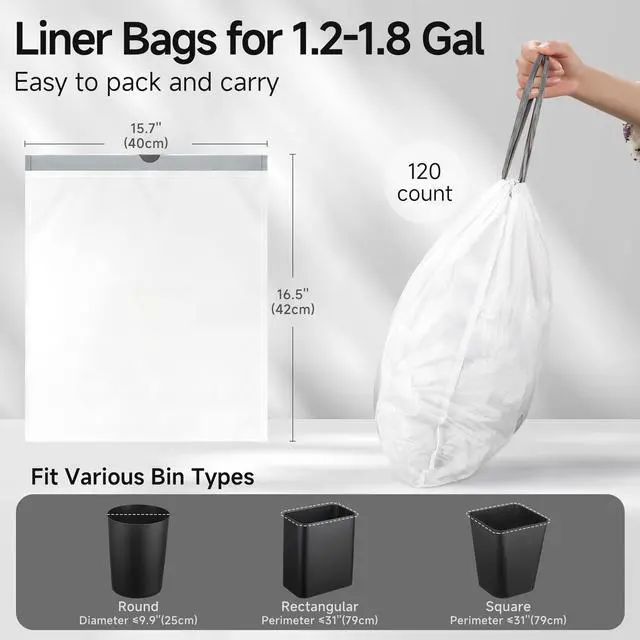 Alt view image 3 of 6 - Small Trash Bags Drawstring 1.6 Gallon, Pre-Cut Mini Garbage Bags for 1.2-1.8 Gallon Trash Bins, 120 Count (Code A)
