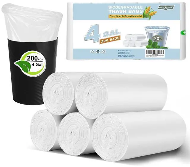 Main image of Small Trash Bags Bathroom Garbage Bags 4 Gallon, 15-20 Liter White Mini Trash Bags, Office Waste Basket Liners Compostable Plant Based Bin Bags, 200 Count