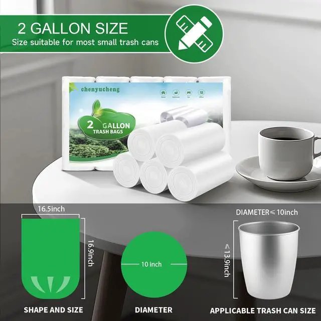 Alt view image 3 of 6 - 2 Gallon Biodegradable Mini Trash Bags - White Compostable Small Garbage Bag For Bathroom Can Unscented Kitchen Office Car Waste Basket Liners 100 count Tiny Strong Thick