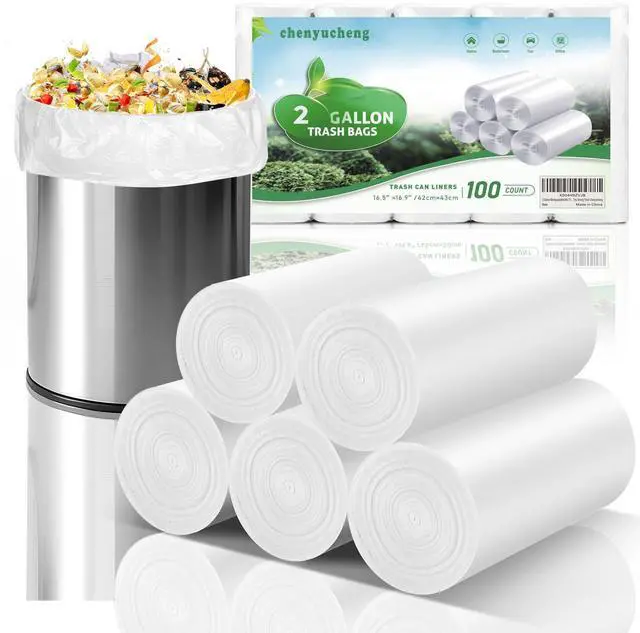 Main image of 2 Gallon Biodegradable Mini Trash Bags - White Compostable Small Garbage Bag For Bathroom Can Unscented Kitchen Office Car Waste Basket Liners 100 count Tiny Strong Thick