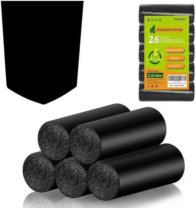 Main image of 2.6 Gallon Trash Bag Biodegradable Black - Small Garbage Bags 2-3 Gallon For Bathroom Can Unscented Compostable 100 Count Mini Tiny Kitchen Office Car Waste Basket Liners Strong Thick Bulk