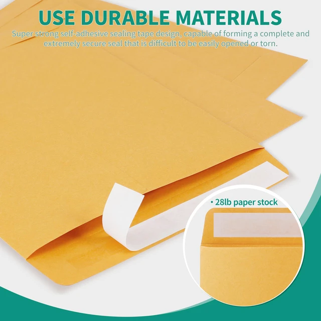 Alt view image 4 of 6 - 9x12 Catalog Mailing Envelopes - 100 Count, Self Seal Stay Flat Brown Kraft Envelopes, Heavy Duty Shipping Mailers for Documents, Photos & Letters, Peel & Seal Closure