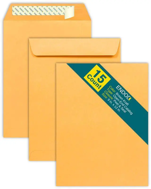 Main image of 9x12 Envelopes Self Seal - 15 Pack - Open End Brown Kraft Mailing Envelopes for Catalogs, Presentatios, Oversized Documents - Self Sealing Envelopes with Peel and Seal Closure - 28lb Heavyweight Paper