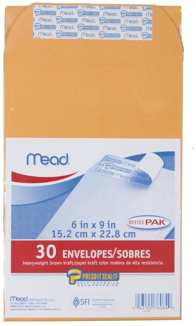 Main image of Envelopes, Letter Size, 6" x 9", Press-It Seal-It Self Adhesive Closure, Brown Kraft All-Purpose 24-lb Paper Mailing Envelopes, 30 Count (76084)