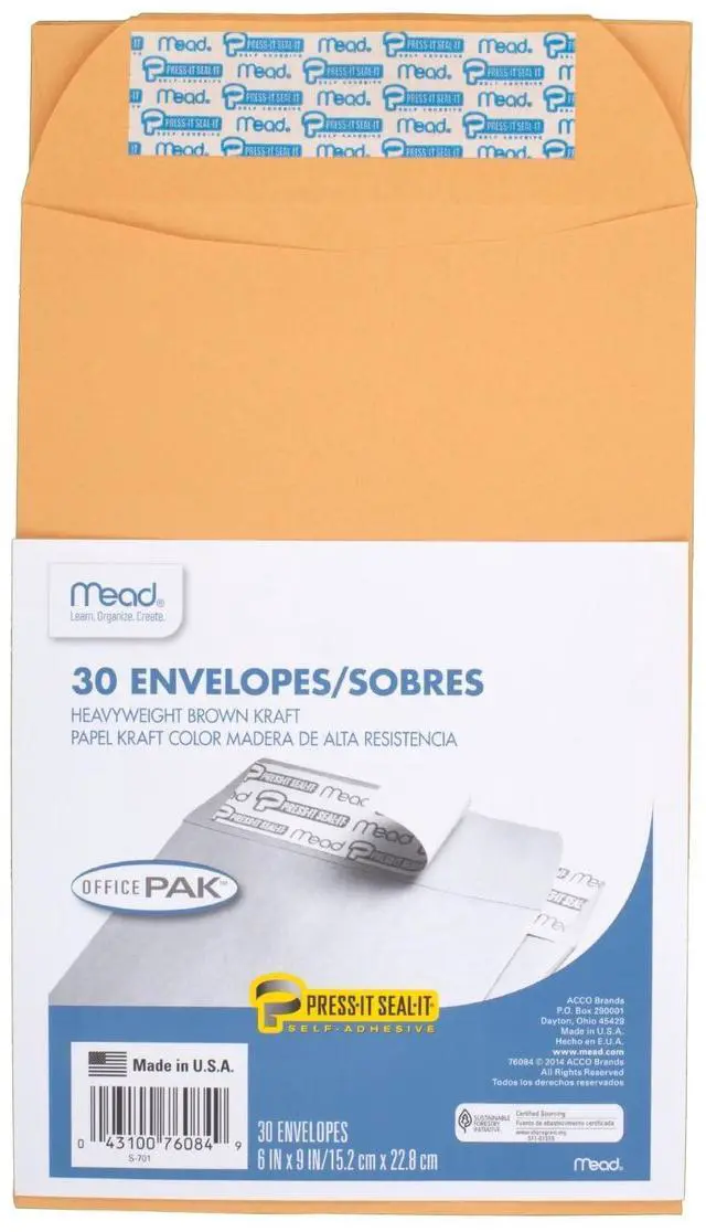 Alt view image 5 of 5 - Envelopes, Letter Size, 6" x 9", Press-It Seal-It Self Adhesive Closure, Brown Kraft All-Purpose 24-lb Paper Mailing Envelopes, 30 Count (76084)