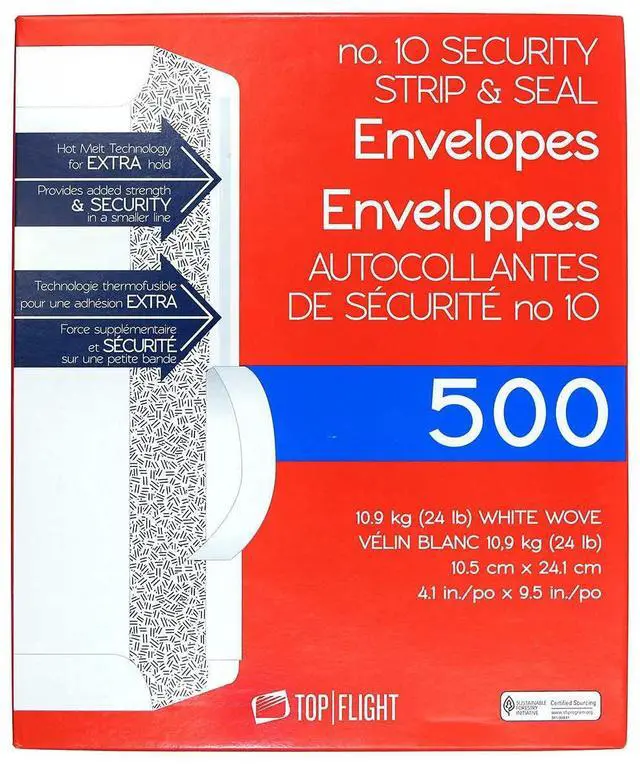 Main image of PSTF10NWT #10 Envelopes, Strip & Seal, Security Tinted, White Paper, 24 lb, 500 Count