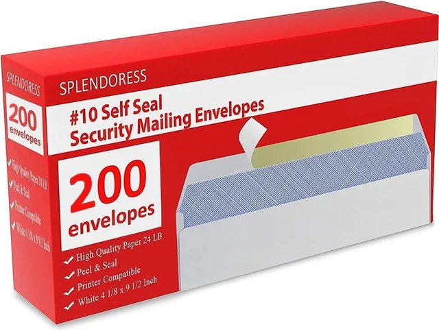 Main image of #10 Envelopes Letter Size Self Seal | 200 Business Mailing Security Peel and Sealing Envelope | 100% Tinted | no 10 White Windowless Legal Regular Plain Envelops Pack | 4-1/8 x 9-1/2 Inches | 24 LB