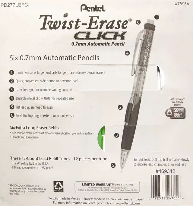 Alt view image 2 of 3 - Twist-Erase Click Mechanical Pencils 0.7mm, HB #2, School Supplies, Teacher Supplies, Drawing Sketching pencils, Assorted Barrel Colors- 6 Mechanical Pencils, 6 Erasers, 3 Tubes of Lead Refills