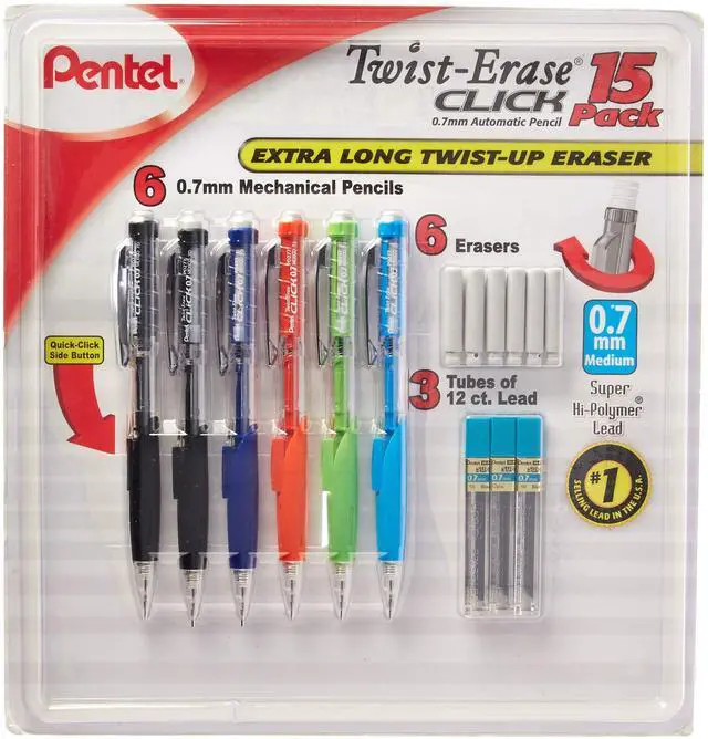 Main image of Twist-Erase Click Mechanical Pencils 0.7mm, HB #2, School Supplies, Teacher Supplies, Drawing Sketching pencils, Assorted Barrel Colors- 6 Mechanical Pencils, 6 Erasers, 3 Tubes of Lead Refills