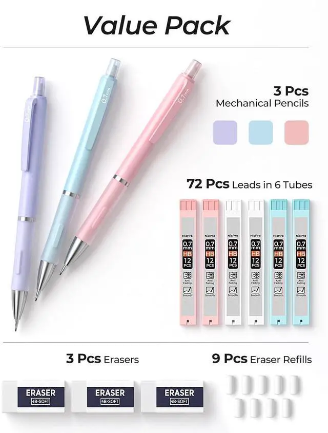 Alt view image 6 of 7 - Nicpro 3PCS Cute Mechanical Pencil Set with Case, 0.7 mm Pencils with 6 Tube HB Lead Refill, 3PCS Eraser, 9PCS Eraser Refill for School Supplies Student Writing, Drafting Drawing Sketching