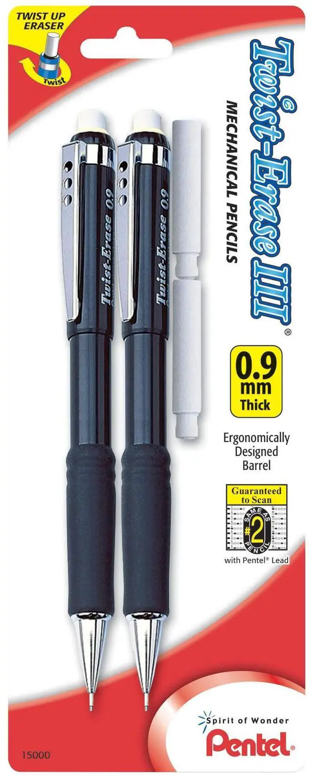 Main image of Twist-Erase III Mechanical Pencil, (0.9mm), Assorted Barrel Colors with 2 Eraser Refills, Pack of 2 (QE519BP2-K6)