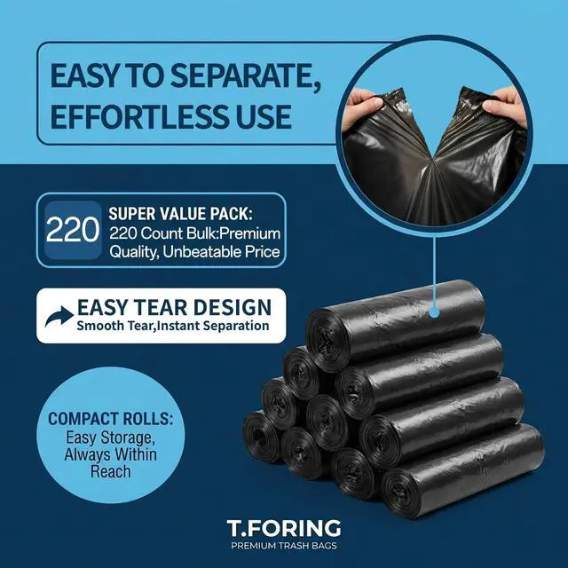 Alt view image 4 of 7 - Medium Trash Bags 8 Gallon Heavy Duty, 0.94 Mil, Black, 220 Count