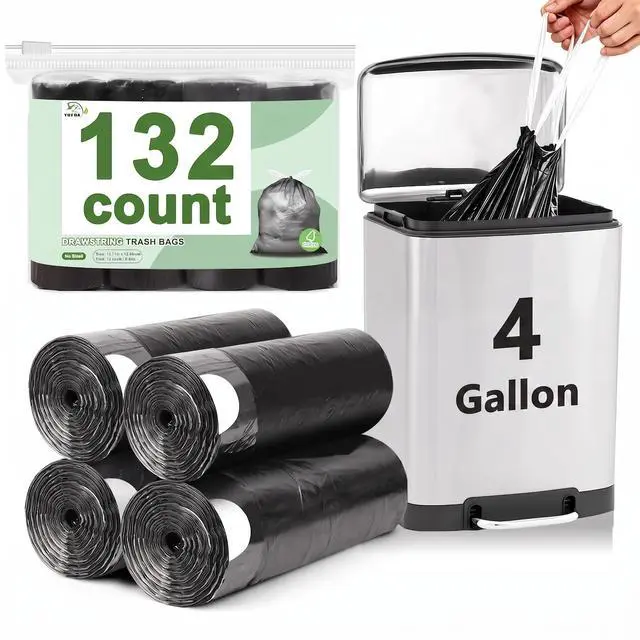 Main image of 132 Count Small Trash Bags, 4 Gallon Drawstring Garbage Bags, Bathroom Wastebasket Liners, Tear-Free Plastic Bags for Toilet Home Office and Bedroom (Black)