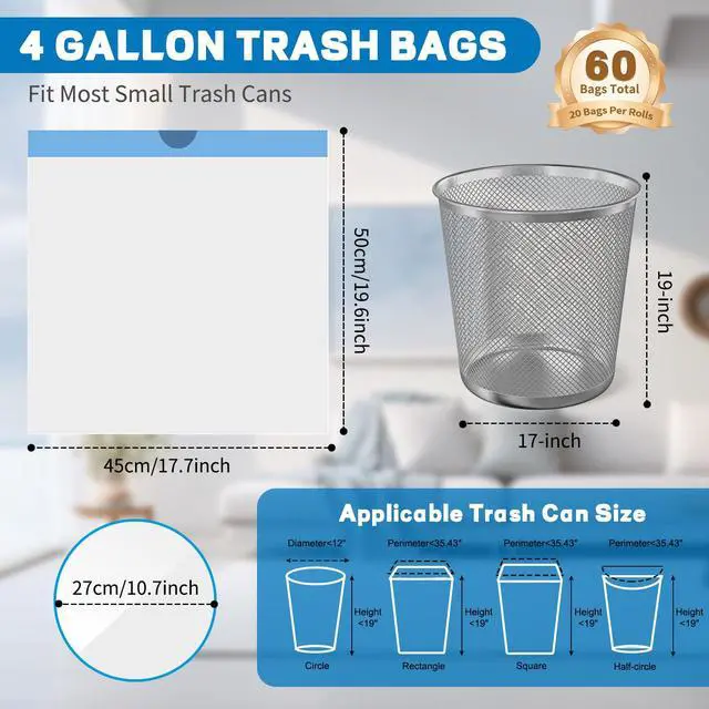 Alt view image 2 of 7 - 4 Gallon Trash Bags Drawstring, Small Trash Bags Tear-Free, 4 Gal Unscented White Small Garbage Bags, Separated Thick Plastic Wastebasket Liners for Toilet Home Office and Bedroom, 60 Count