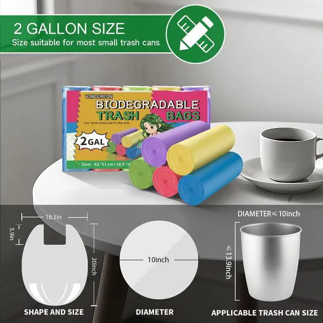 Alt view image 2 of 7 - 2 Gallon Small Bathroom Trash Bags - Colorful Biodegradable With Handles Mini Garbage Bags 100 Count Unscented Kitchen Car Office Little Wastebasket Liners 7.5 Liter Strong Thick Bulk