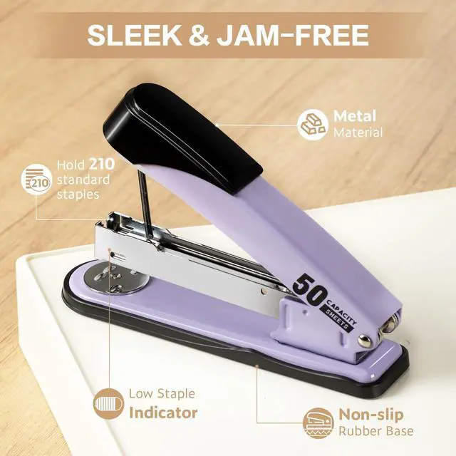 Alt view image 5 of 6 - Stapler Heavy Duty, Full Strip Staplers for Desk with 2000 Staples and Staple Remover, 50 Sheet Capacity, No Jam, Non-Slip Office Stapler with Staples for Office, Classroom, Purple