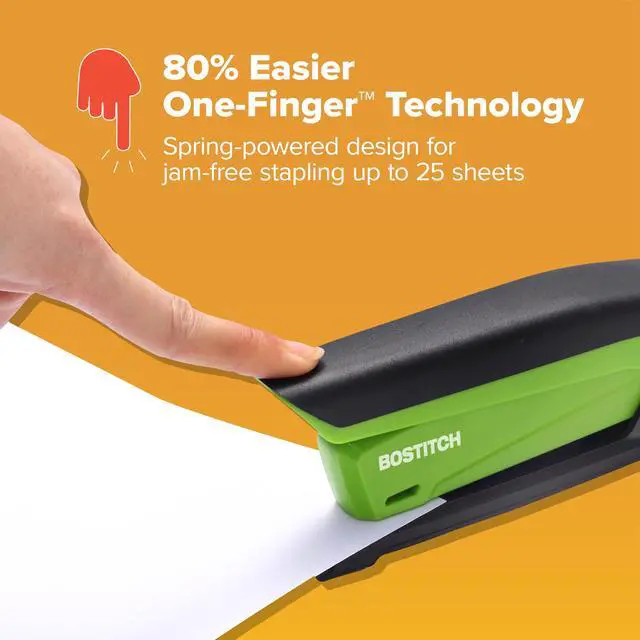 Alt view image 3 of 7 - Office InPower Spring-Powered Desktop Stapler, 20 Sheet Capacity, One Finger Stapling, Includes 210 Staples, Jam Free, Opens for Tacking, Green