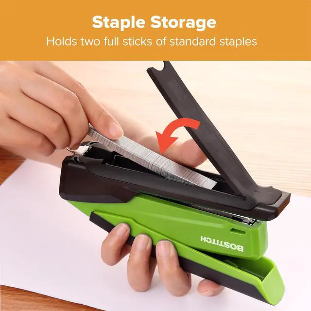 Alt view image 5 of 7 - Office InPower Spring-Powered Desktop Stapler, 20 Sheet Capacity, One Finger Stapling, Includes 210 Staples, Jam Free, Opens for Tacking, Green