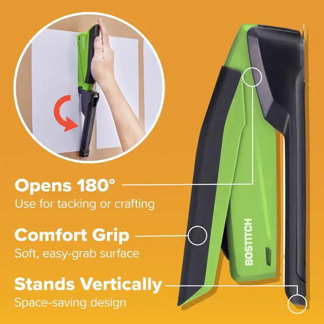Alt view image 6 of 7 - Office InPower Spring-Powered Desktop Stapler, 20 Sheet Capacity, One Finger Stapling, Includes 210 Staples, Jam Free, Opens for Tacking, Green