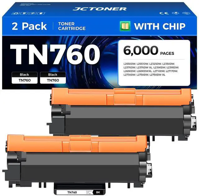 Main image of TN760 Black Toner Cartridge 2-Pack Compatible Replacement for Brother TN-760 TN730 TN-730 MFC-L2710DW MFC-L2750DW HL-L2350DW DCP-L2550DW HL-L2395DW HL-L2370DW HL-L2325DW HL-L2390DW MFC-L2690DW Printer