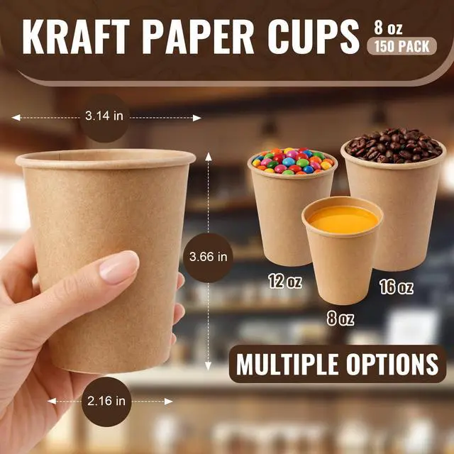 Alt view image 3 of 7 - 150 Pack 8 oz Disposable Paper Cups, Brown Coffee Cups Unbleached Kraft Paper, Sturdy Leak Resistant Hot/Cold Disposable Cups for Party Home Office