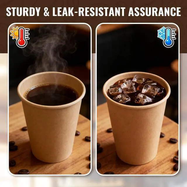 Alt view image 5 of 7 - 150 Pack 8 oz Disposable Paper Cups, Brown Coffee Cups Unbleached Kraft Paper, Sturdy Leak Resistant Hot/Cold Disposable Cups for Party Home Office