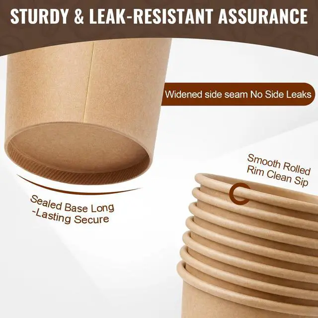 Alt view image 4 of 7 - 150 Pack 8 oz Disposable Paper Cups, Brown Coffee Cups Unbleached Kraft Paper, Sturdy Leak Resistant Hot/Cold Disposable Cups for Party Home Office
