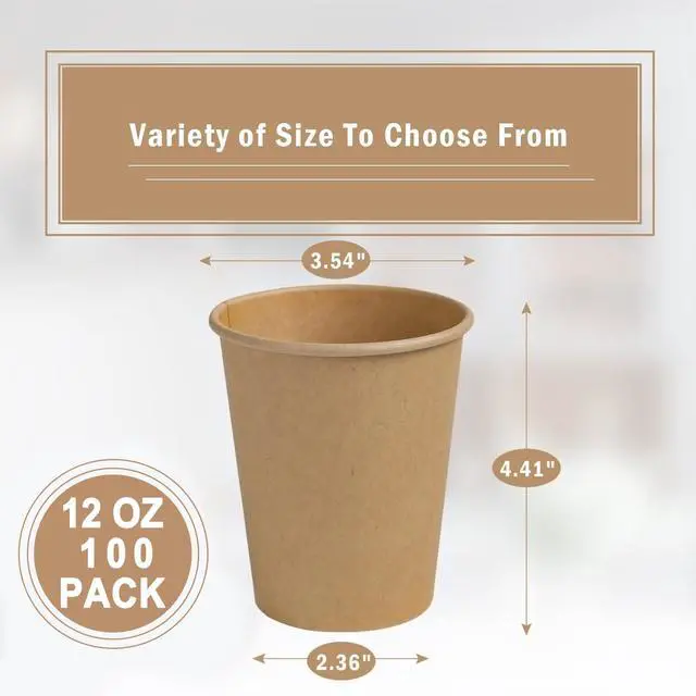 Alt view image 2 of 6 - 100 Count 12 oz Paper Cups, Disposable Kraft Paper Coffee Cups