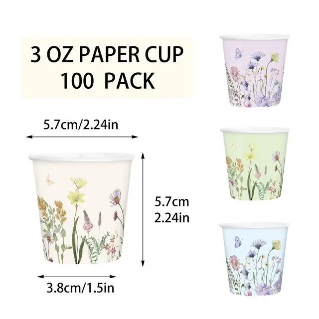 Alt view image 2 of 5 - 3 oz Bathroom Cups, Disposable Paper Cups - 100 Pack Wild Flower Design Printed - Floral Mini Mouthwash Rinse Paper Cups for Home, Bathroom, Picnic, Party, and Events