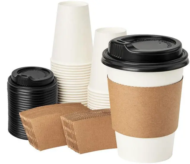 Main image of 12 oz 50 pack Disposable Paper Coffee Cups with Lids and Sleeves
