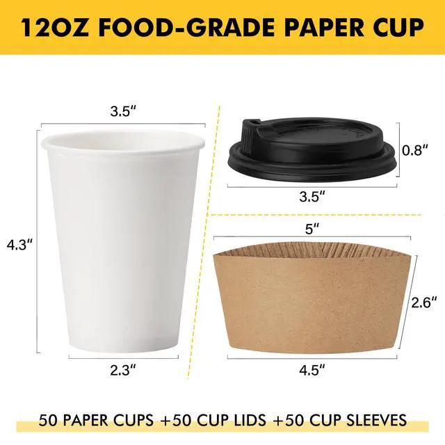 Alt view image 2 of 7 - 12 oz 50 pack Disposable Paper Coffee Cups with Lids and Sleeves